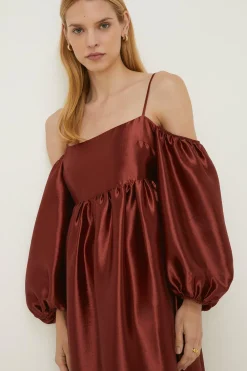 Discount Oasis Rachel Stevens Cold Shoulder Satin Dress Rust