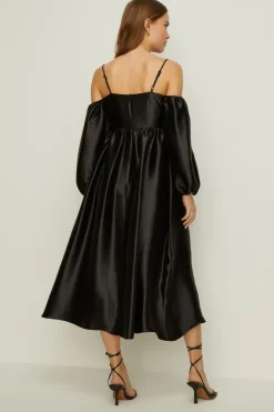 Fashion Oasis Rachel Stevens Cold Shoulder Satin Dress Black