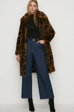 Fashion Oasis Rachel Stevens Collared Longline Animal Faux Fur Coat Brown