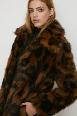Fashion Oasis Rachel Stevens Collared Longline Animal Faux Fur Coat Brown