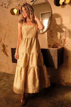 Fashion Oasis Rachel Stevens Ditsy Metallic Jacquard Midi Dress Lemon
