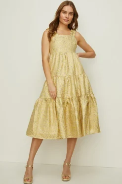 Fashion Oasis Rachel Stevens Ditsy Metallic Jacquard Midi Dress Lemon