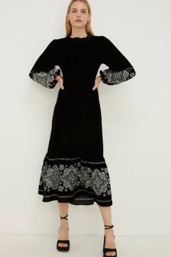 Hot Oasis Rachel Stevens Embroidered Velvet Midi Dress Black