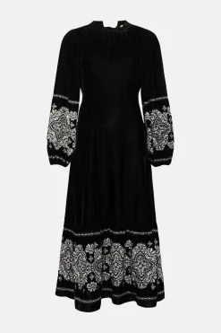Hot Oasis Rachel Stevens Embroidered Velvet Midi Dress Black