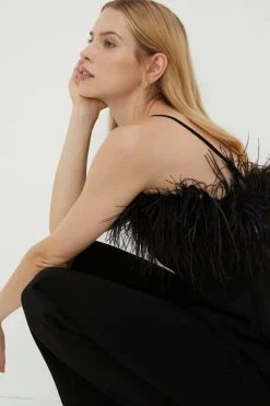 Online Oasis Rachel Stevens Faux Feather Detail Bardot Jumpsuit Black