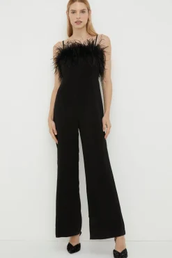 Online Oasis Rachel Stevens Faux Feather Detail Bardot Jumpsuit Black