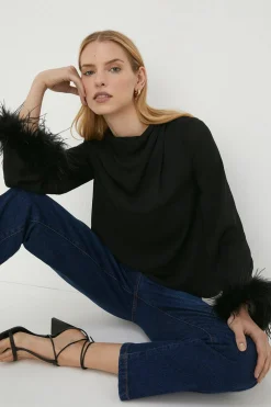 New Oasis Rachel Stevens Feather Cuff Cowl Neck Blouse Black