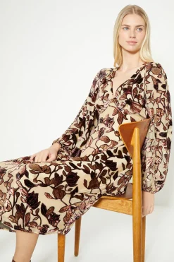 Hot Oasis Rachel Stevens Floral Devore Long Sleeve Midi Dress Nude