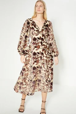 Hot Oasis Rachel Stevens Floral Devore Long Sleeve Midi Dress Nude