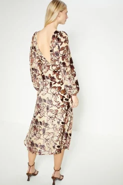 Hot Oasis Rachel Stevens Floral Devore Long Sleeve Midi Dress Nude
