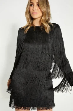 Clearance Oasis Rachel Stevens Fringed Long Sleeve Mini Dress Black