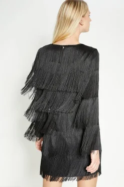 Clearance Oasis Rachel Stevens Fringed Long Sleeve Mini Dress Black