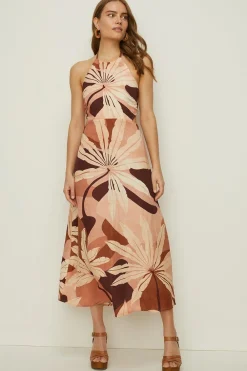 New Oasis Rachel Stevens Linen Mix Palm Midi Dress Brown