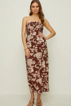 Clearance Oasis Rachel Stevens Linen Mix Bandeau Midi Dress Chocolate