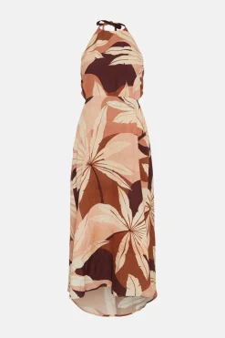 New Oasis Rachel Stevens Linen Mix Palm Midi Dress Brown