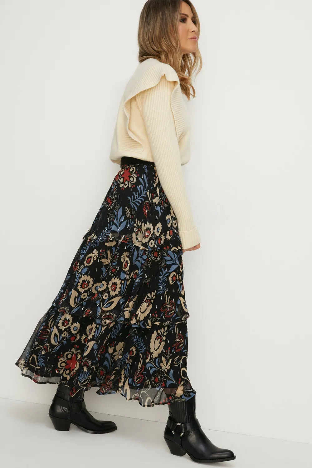Fashion Oasis Rachel Stevens Metallic Printed Tiered Skirt Multi