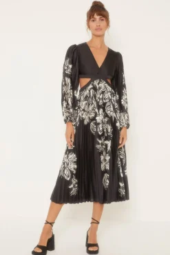 Outlet Oasis Rachel Stevens Monochrome Floral Pleated V Neck Midi Dress Blackwhite