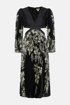 Outlet Oasis Rachel Stevens Monochrome Floral Pleated V Neck Midi Dress Blackwhite