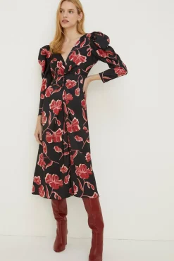 Outlet Oasis Rachel Stevens Petite Floral Twist Satin Midi Dress Black