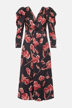 Outlet Oasis Rachel Stevens Petite Floral Twist Satin Midi Dress Black
