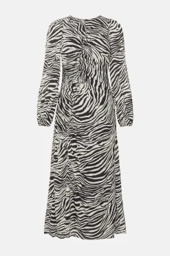 New Oasis Rachel Stevens Petite Printed Ruched Front Midi Dress Zebra
