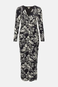 Hot Oasis Rachel Stevens Petite Print Ruched Midi Dress Black