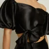 Hot Oasis Rachel Stevens Petite Satin Tie Back Top Black