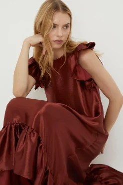 Best Oasis Rachel Stevens Petite Satin Twill Ruffle Hem Midi Dress Copper