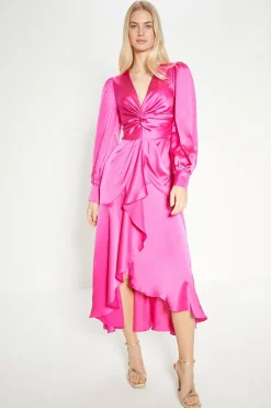 Sale Oasis Rachel Stevens Petite Satin Twist Front Draped Midi Dress Pink