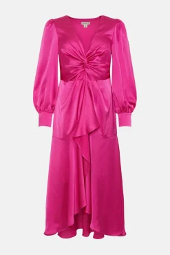 Sale Oasis Rachel Stevens Petite Satin Twist Front Draped Midi Dress Pink