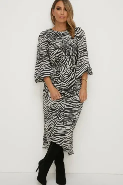 Sale Oasis Rachel Stevens Printed Ruched Front Midi Dress Zebra