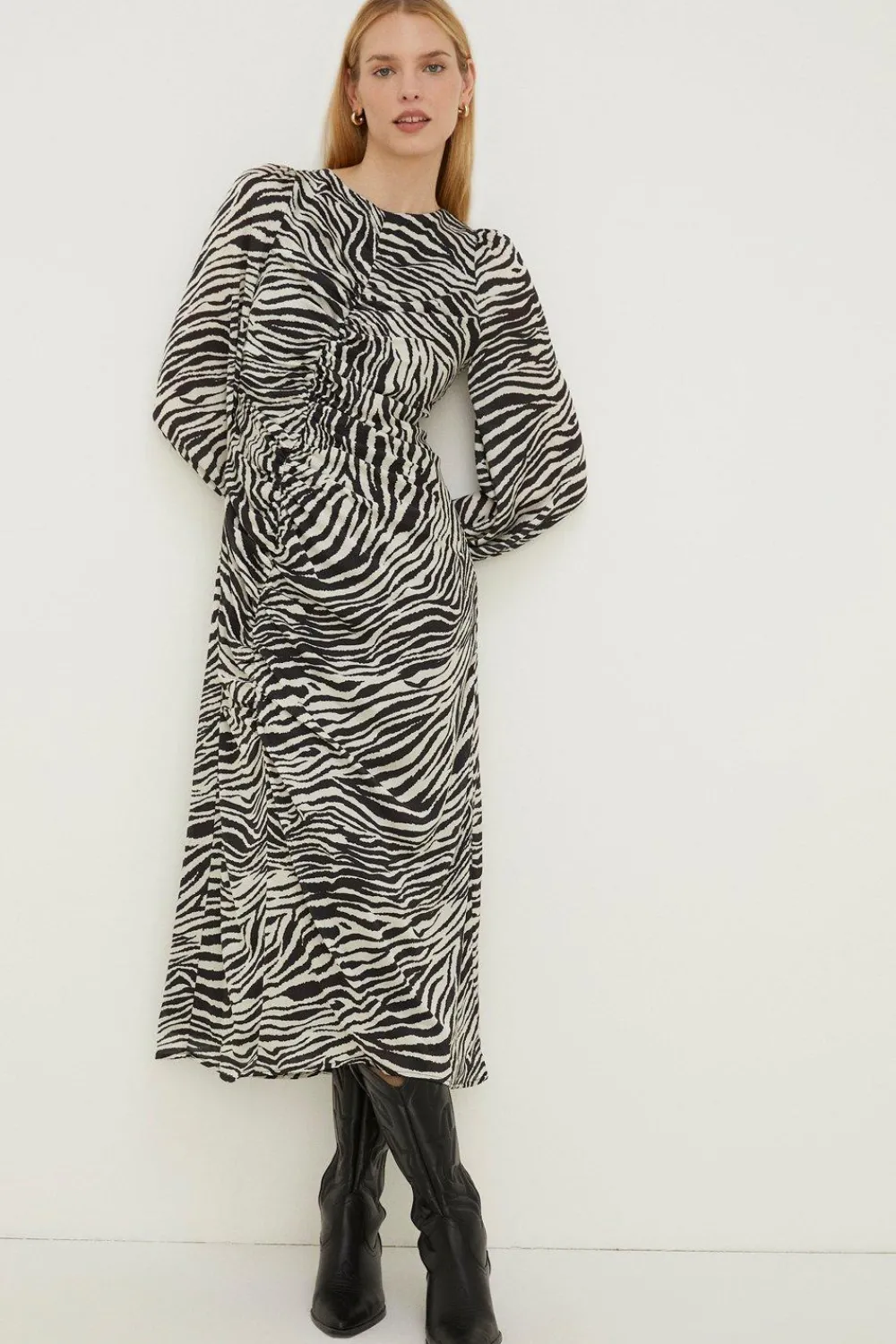 Sale Oasis Rachel Stevens Printed Ruched Front Midi Dress Zebra