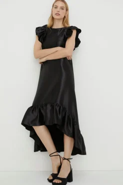 Sale Oasis Rachel Stevens Satin Twill Ruffle Hem Midi Dress Black