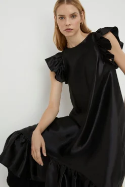 Sale Oasis Rachel Stevens Satin Twill Ruffle Hem Midi Dress Black