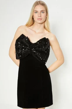New Oasis Rachel Stevens Sequin Bow Detail Velvet Mini Dress Black
