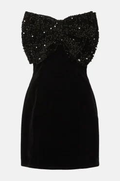 New Oasis Rachel Stevens Sequin Bow Detail Velvet Mini Dress Black
