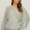 Sale Oasis Rachel Stevens Sequin Stripe Embellished Top Pale Blue