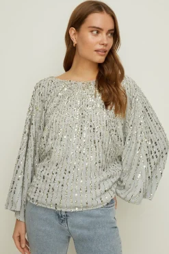 Sale Oasis Rachel Stevens Sequin Stripe Embellished Top Pale Blue