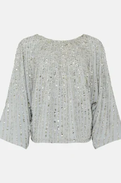 Sale Oasis Rachel Stevens Sequin Stripe Embellished Top Pale Blue