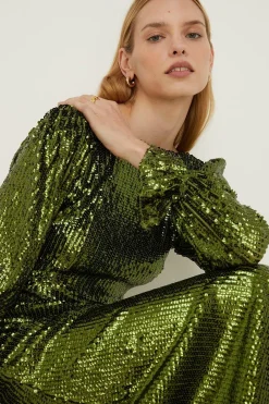 Sale Oasis Rachel Stevens Sequin V Back Long Sleeve Midi Dress Green