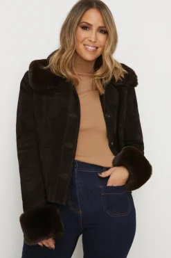 Hot Oasis Rachel Stevens Suede And Faux Fur Cropped Jacket Chocolate