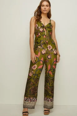 Best Oasis Rachel Stevens Tribal Border Tie Front Jumpsuit Khaki
