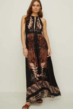 Sale Oasis Rachel Stevens Tropical Placement Cut Out Halter Midi Dress Black