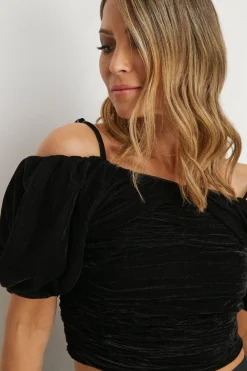 Hot Oasis Rachel Stevens Velvet Ruched Bardot Top Black