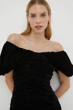 New Oasis Rachel Stevens Velvet Ruched Bardot Midi Dress Black
