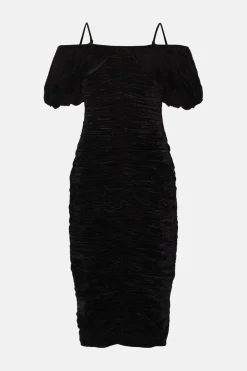 New Oasis Rachel Stevens Velvet Ruched Bardot Midi Dress Black