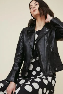 Outlet Oasis Real Leather Biker Jacket Black