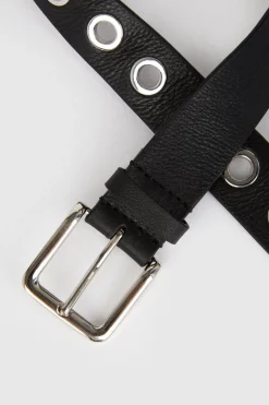 Hot Oasis Real Leather Eyelet Detail Belt Black