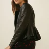 New Oasis Real Leather Peplum Collarless Jacket Cream
