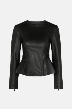 New Oasis Real Leather Peplum Collarless Jacket Cream